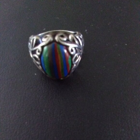 Sterling Ring Sz 8 Rainbow Calsilica Cabochon 925 Vintage - Picture 7 of 8